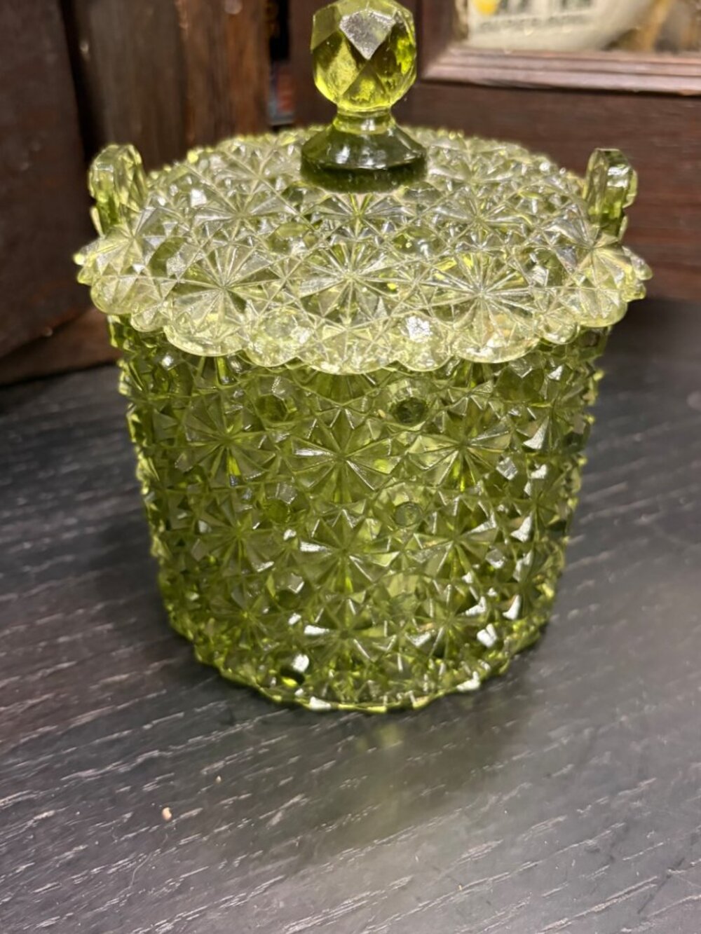 Vintage Olive Green Pressed Glass Covered Biscuit Jar – Starburst Pattern